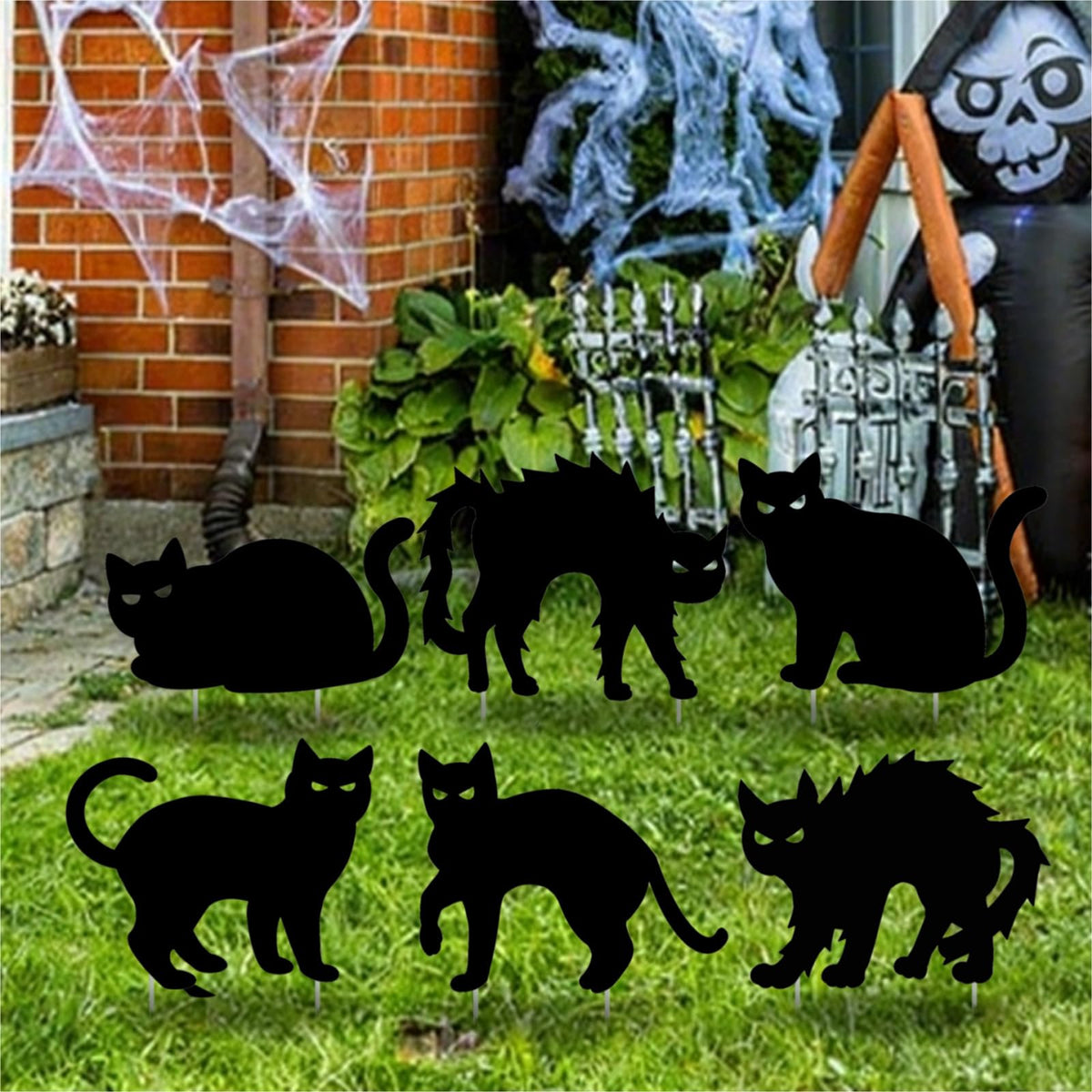 Zoonlinpp 6 Pcs Halloween Black Cat Yard Signs with Stakes, Scary Silhouette Decor Cats Openwork Eyes Halloween Decorations for Outdoor Lawn Garden Graveyard Party Supplies