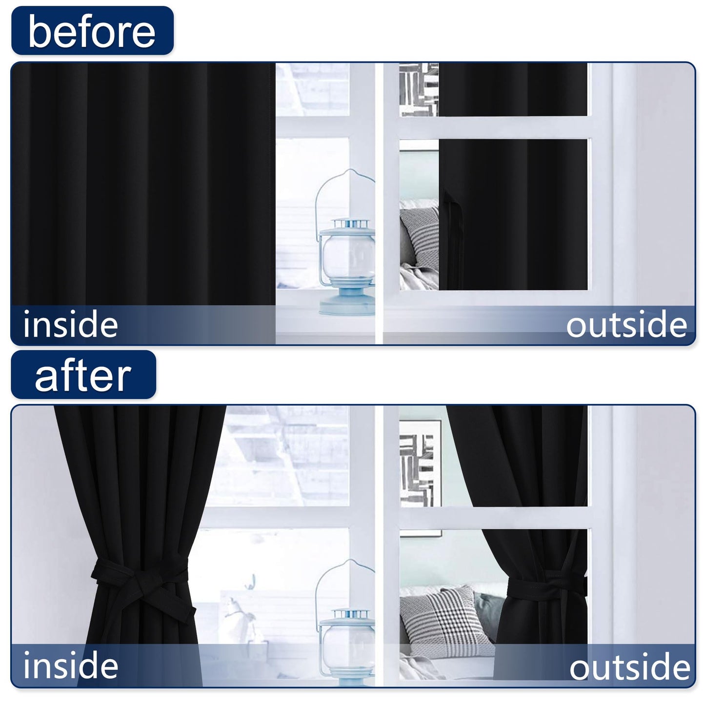 Hiasan Black Blackout Curtains for Bedroom 72 inches Long Rod Pocket Thermal Blackout Curtains Noise Blocking with Tiebacks Halloween Drapes for Living Room,52" x 72",Set of 2