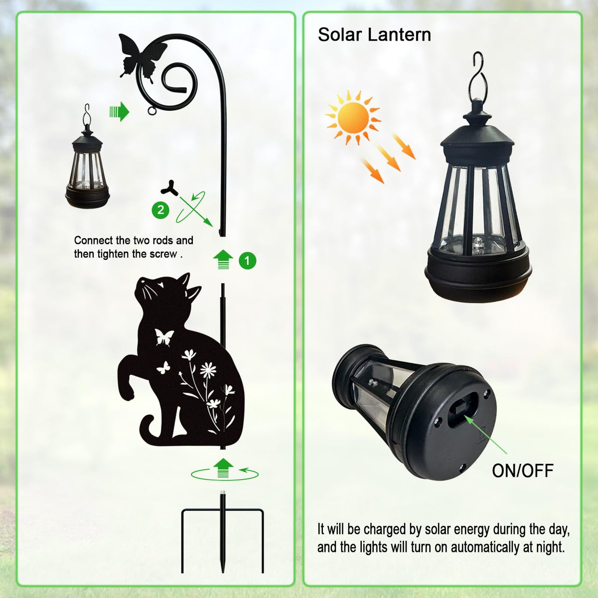 YY Gardenia Metal Cat Stake with Solar Lights Outdoor Decorative, Black Cats Lawn Ornaments, Womens Gifts Unique, Garden Silhouette Animal Decor