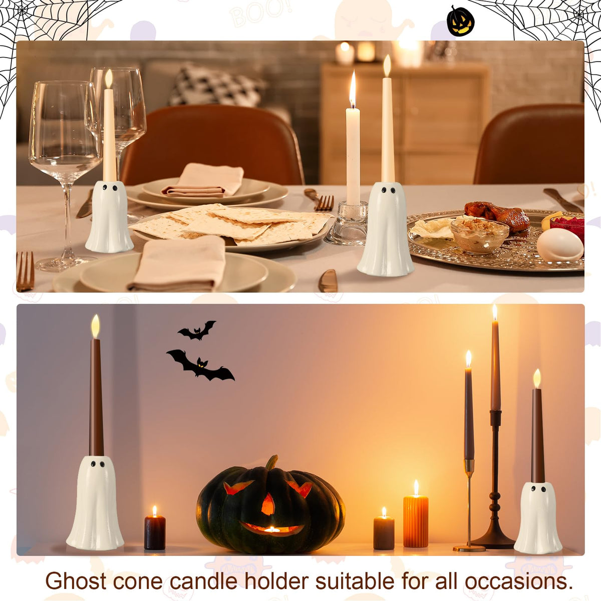 Reallnaive 2 Pcs Halloween Ghost Candlestick Holders Cute Ghost Shape Candle Stick Holders Ceramic Taper Candleholder for Holiday Wedding Party Home Decorative Table Centerpiece Not Included Candle