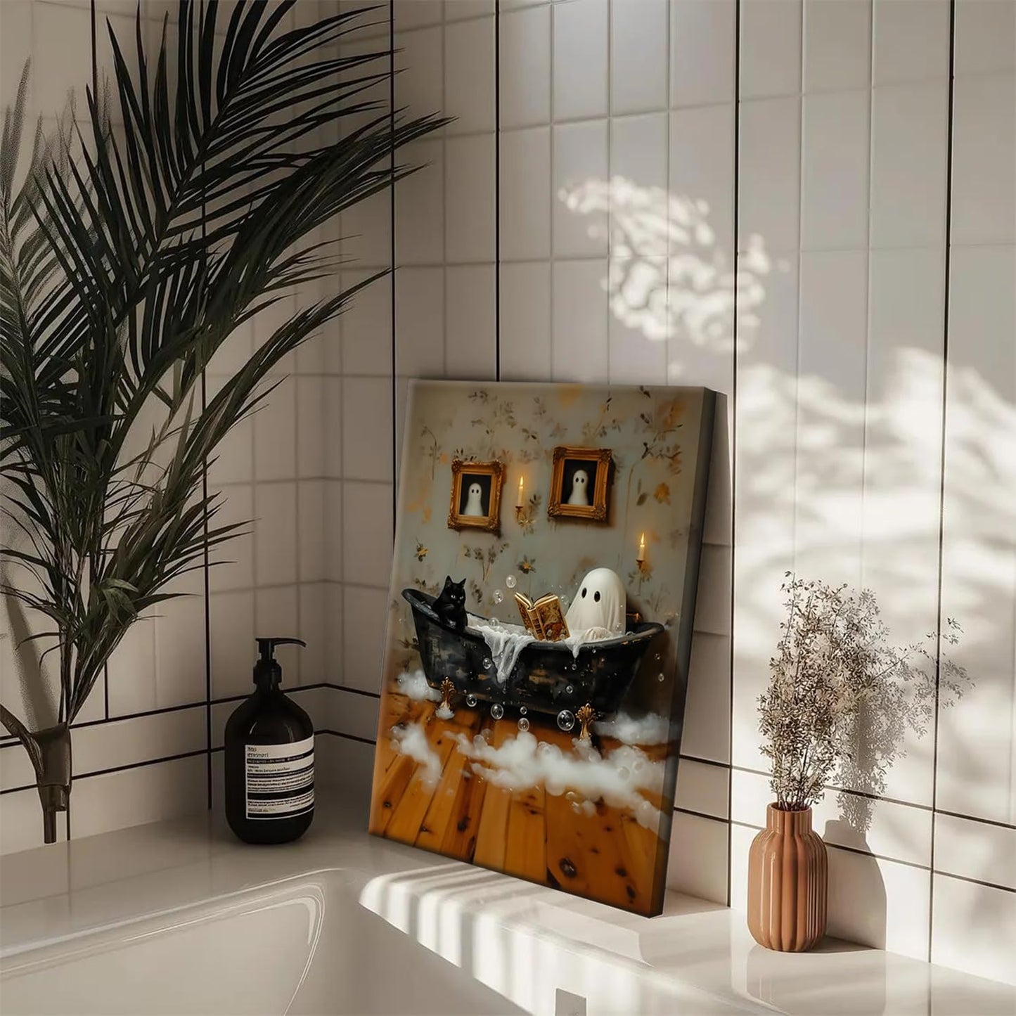 Halloween Ghost Bathroom Canvas Wall Art Set of 3, Funny Horror Ghost and Cute Black Cat in Bathtub Pictures Wall Decor, Gothic Dark Academia Paintings Prints for Toilet Dorm 16x24 inch Framed