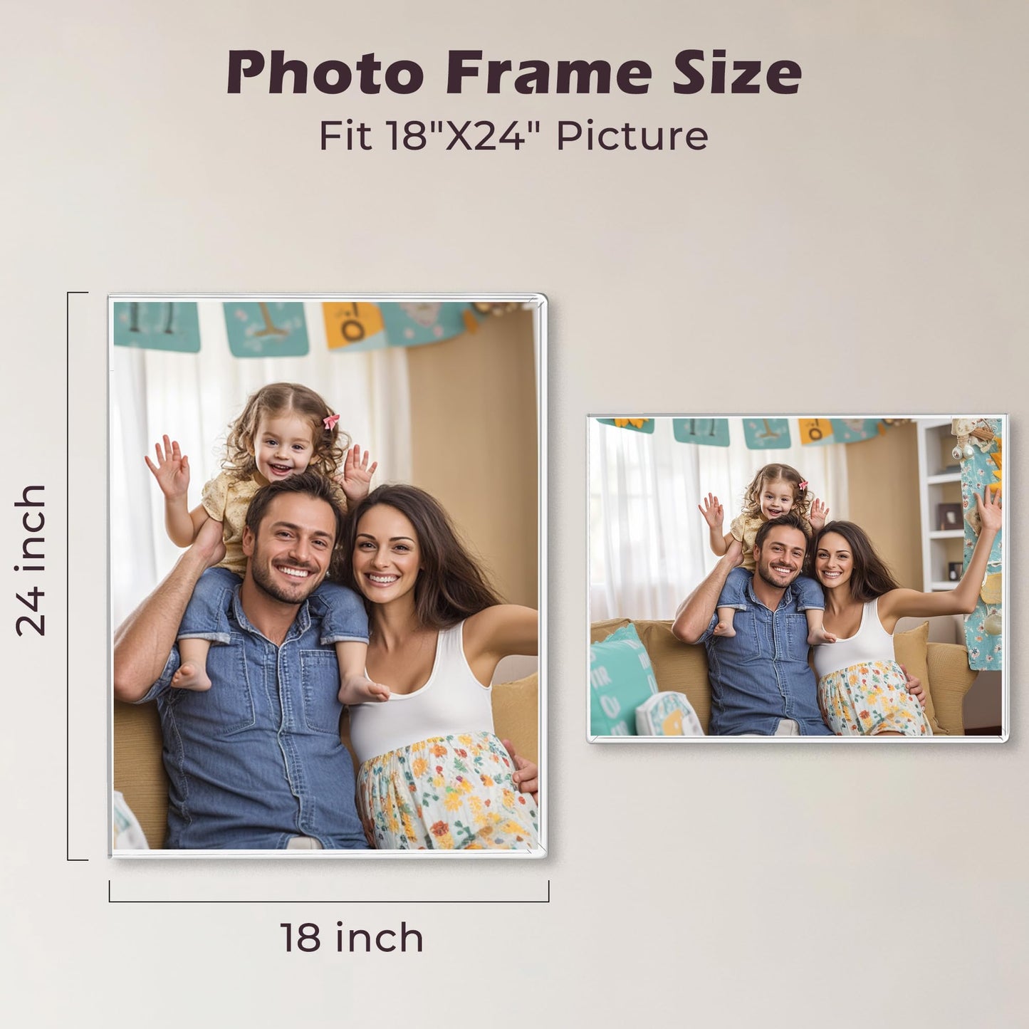 Wbtran 18x 24 inch Acrylic Picture Frame, Horizontal/Vertical Clear Photo Frame for Wall with Tape, No Drilling Floating Hanging Frameless Picture Frame, Wall Mount for Home, School, Office