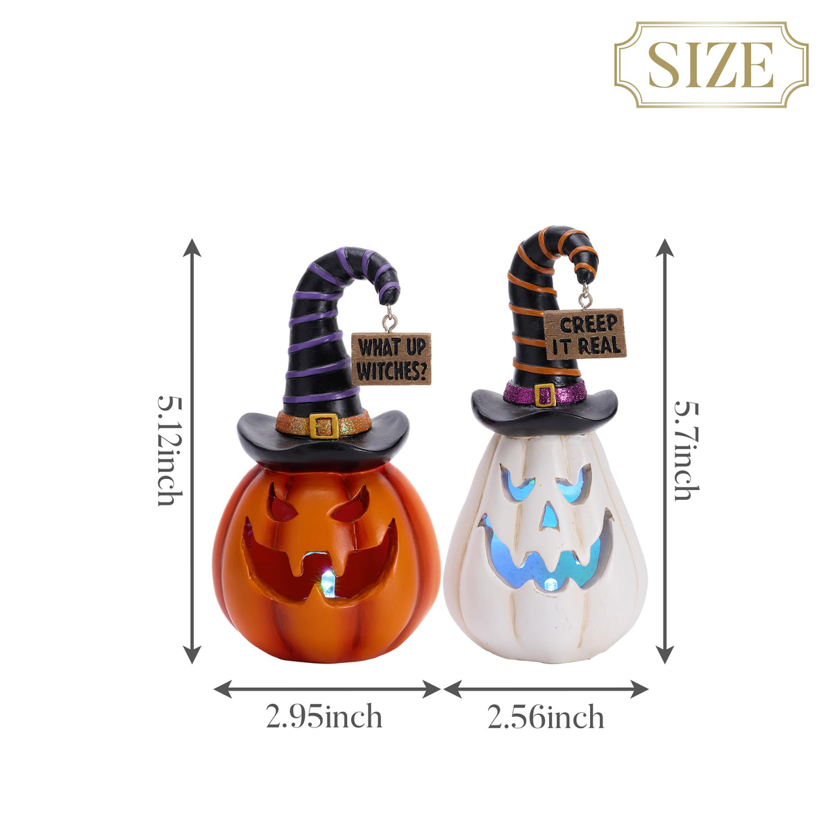 Valery Madelyn Pumpkin Halloween Decorations Indoor for Home, 2Pcs Resin Halloween Figurines with Light, White and Orange Jack o Lantern Decor with Witch Hat for Table Tiered Tray, 5.7" Tall