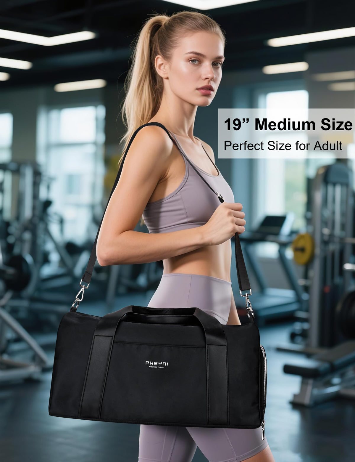 PHSYNI Gym Bag for Women with Shoe Compartment & Wet Pocket - Duffle Bag for Travel Sports Fitness Workout Athletic, 19“-Medium, Black
