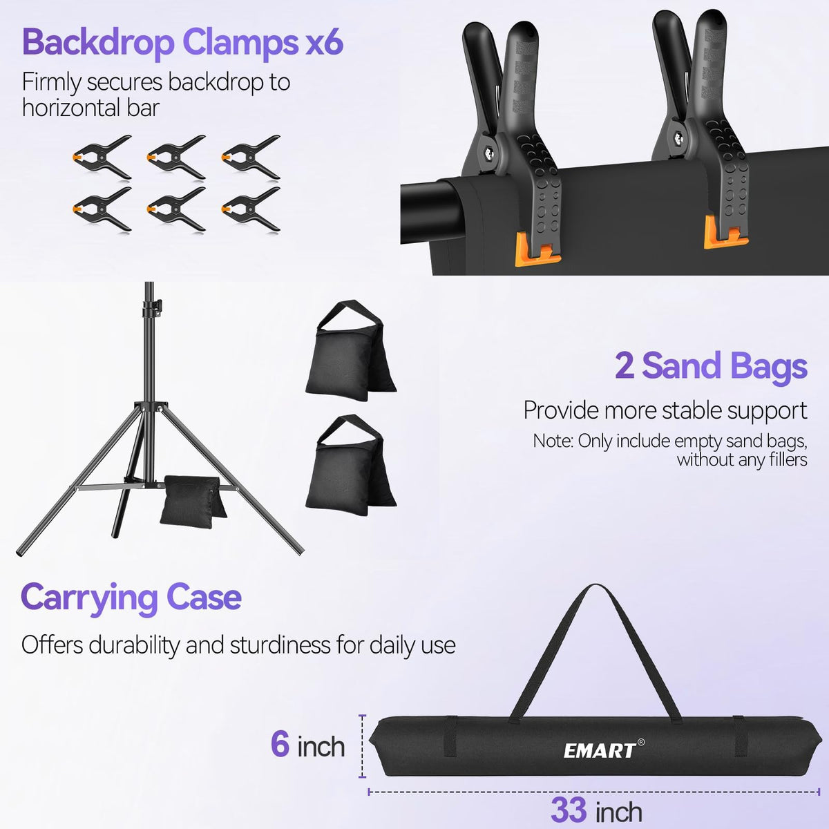 EMART 8.5 x 10 ft Adjustable Photo Backdrop Stand Kit with 12 x 10 ft Portable Black Backdrop, Background Holder Support System Kit for Photography, Party, Live Game, Interviews, YouTube, TIK Tok
