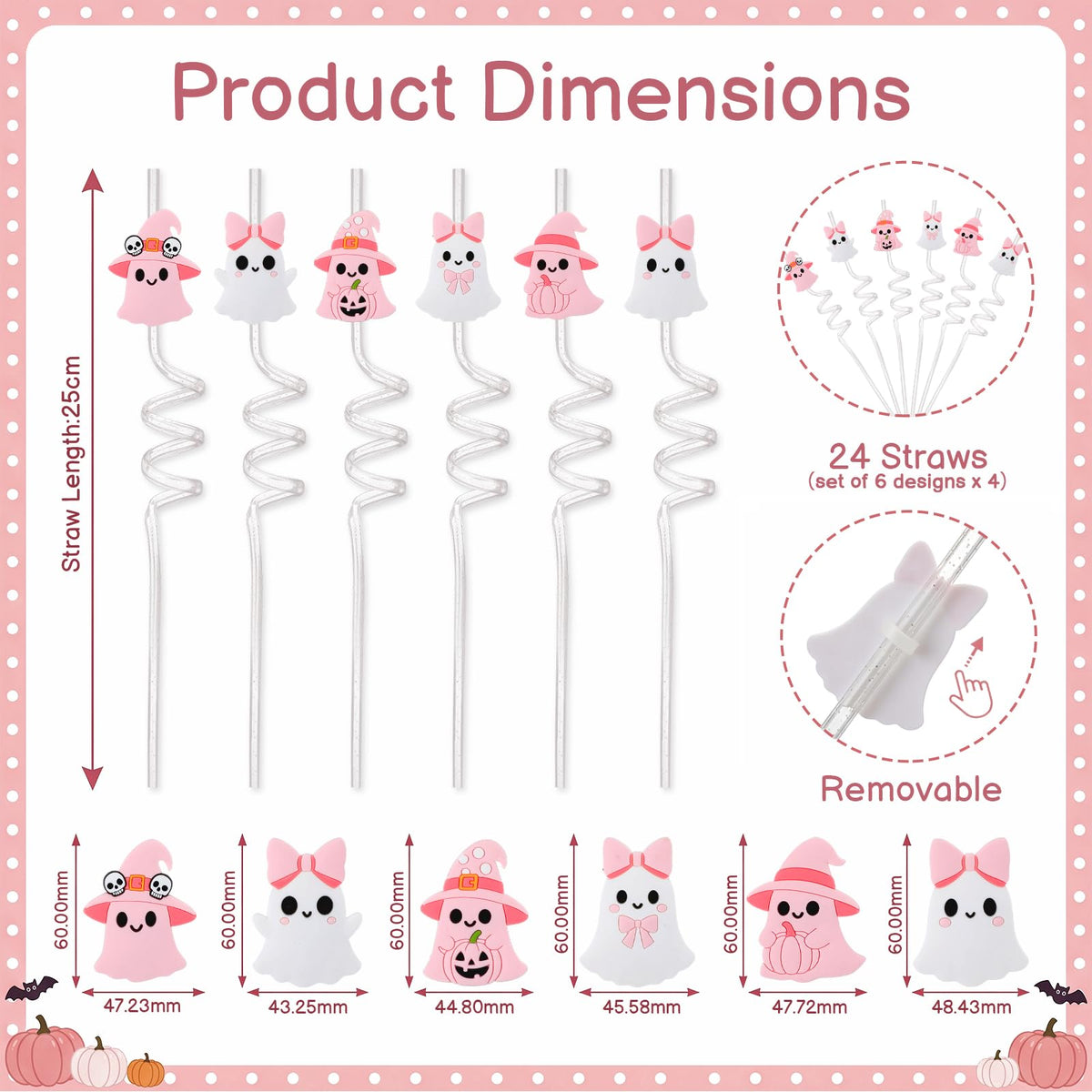 Acellegic 24 Pcs Halloween Reusable Plastic Straws Bulk Pink White Ghost Glitter Plastic Straws Cute Cartoon Ghost Decoration for Adults Halloween Party Supplies Birthday Party Favors