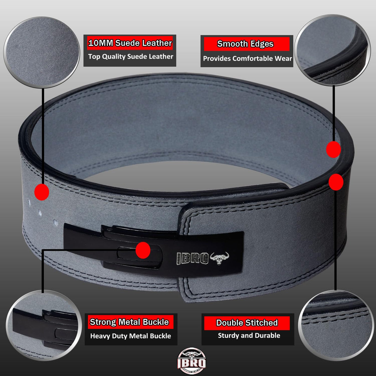 IBRO Powerlifting Lever Gym Belt – Power 10MM Extreme Heavy Duty Genuine Leather Belts - Squats Deadlifts Bodybuilding Weight Lifting IPF Power Lifting Strongman for Men 10mm Grey XL