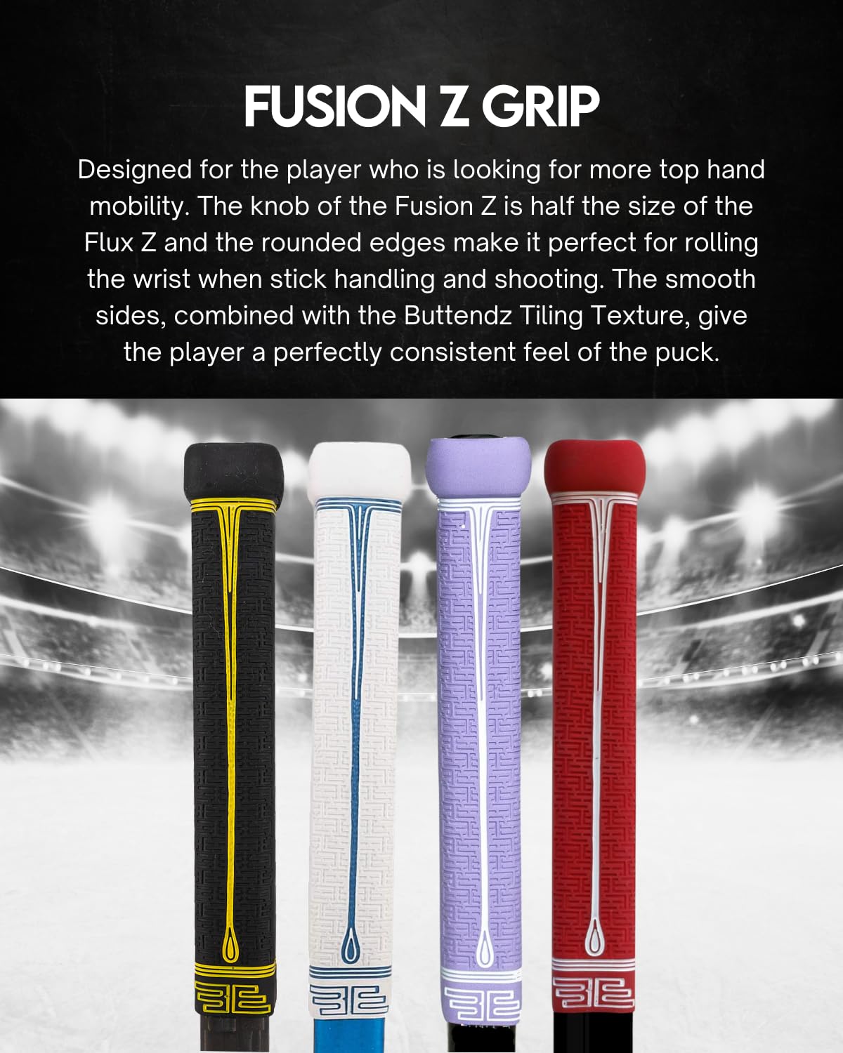 Buttendz Fusion Z Hockey Stick Replacement Grip - Reusable Design, Small Knob Player Grip for Top Hand Mobility, Fits All Stick Sizes (Black, White Drip)