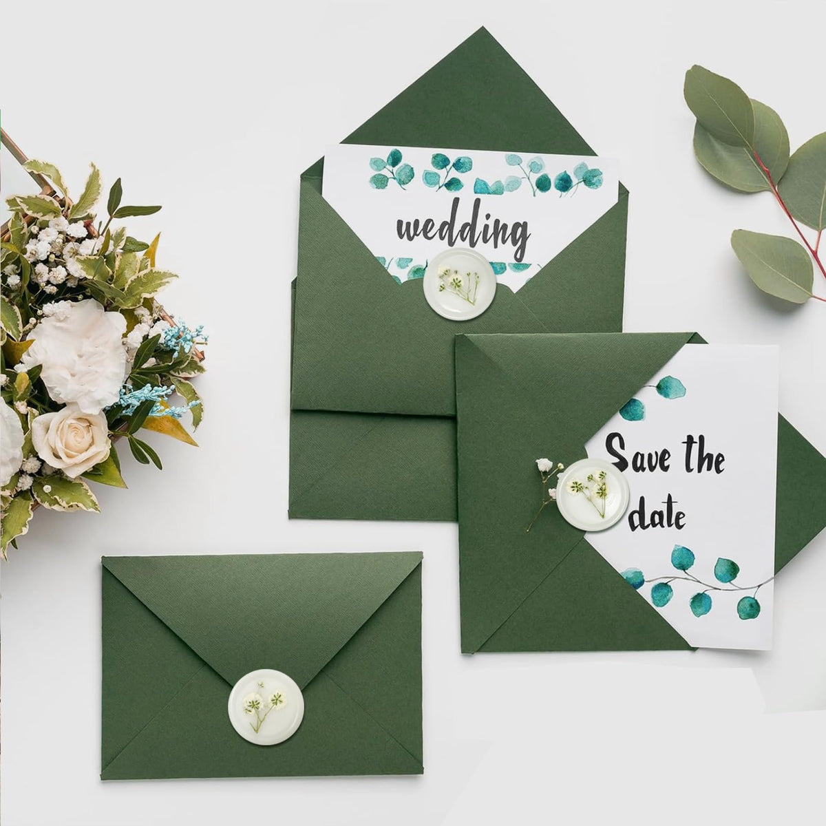 100 Pcs Baby's Breath Adhesive Wax Seal Stickers White Dry Floral Backing Envelope Seals Perfect for Wedding Invitations,Bridal Shower Party