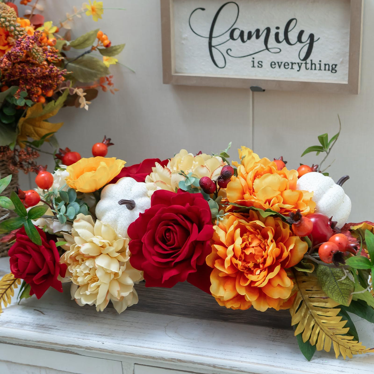 PureCosy Fall Centerpiece for Table, Handmade Realistic Silk Floral Arrangement with Peonies, Roses, Berries & Foam Pumpkins Thanksgiving Centerpiece and Autumn Harvest Table Decor for Dining Table