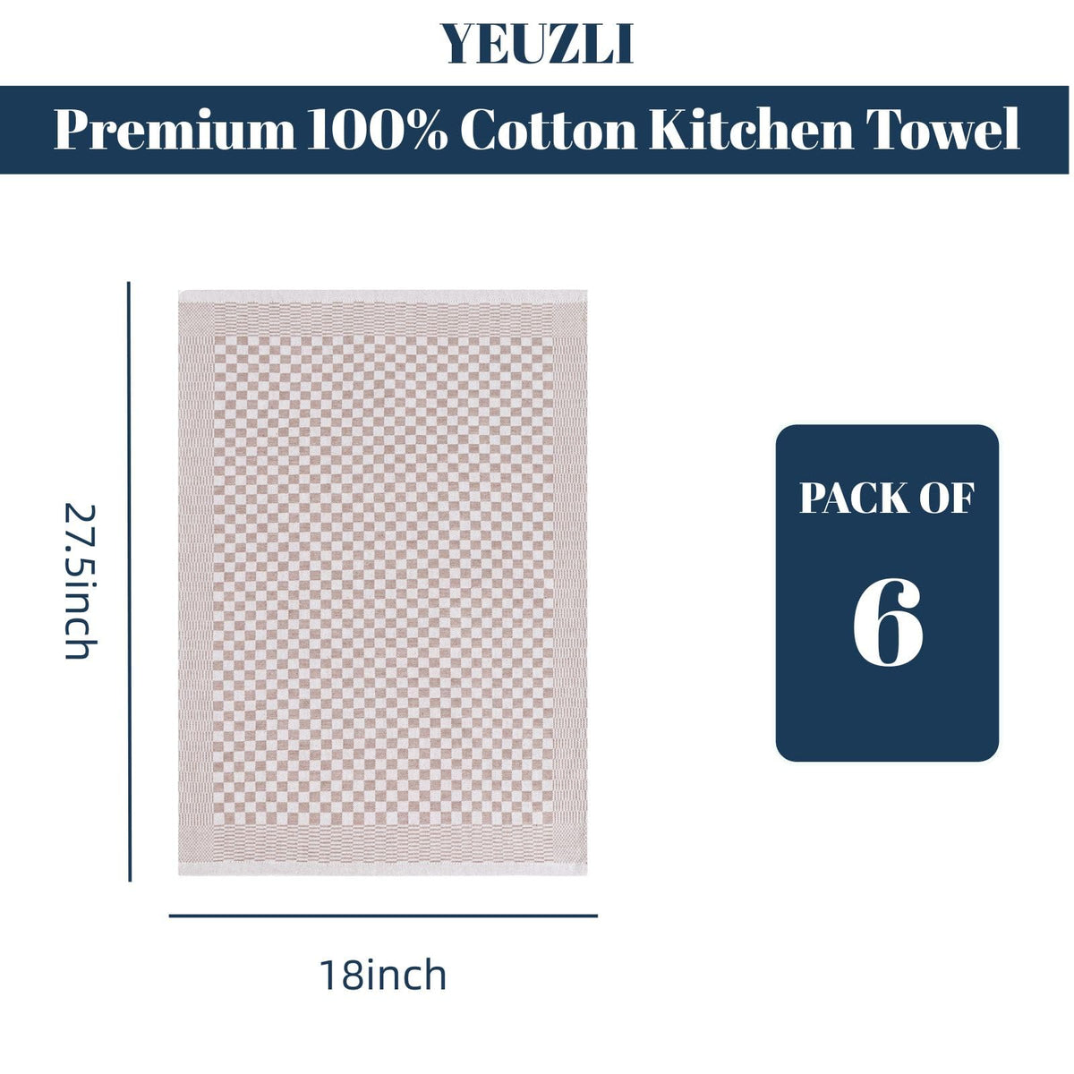 YEUZLI 6-Pack Cotton Kitchen Towels - 18 x 27.5 Inch Large Dish Cloths - Checkerboard Design Flat Weave Tea Towels - Highly Absorbent, Lint Free, Non-Shrink & Durable Commercial Grade