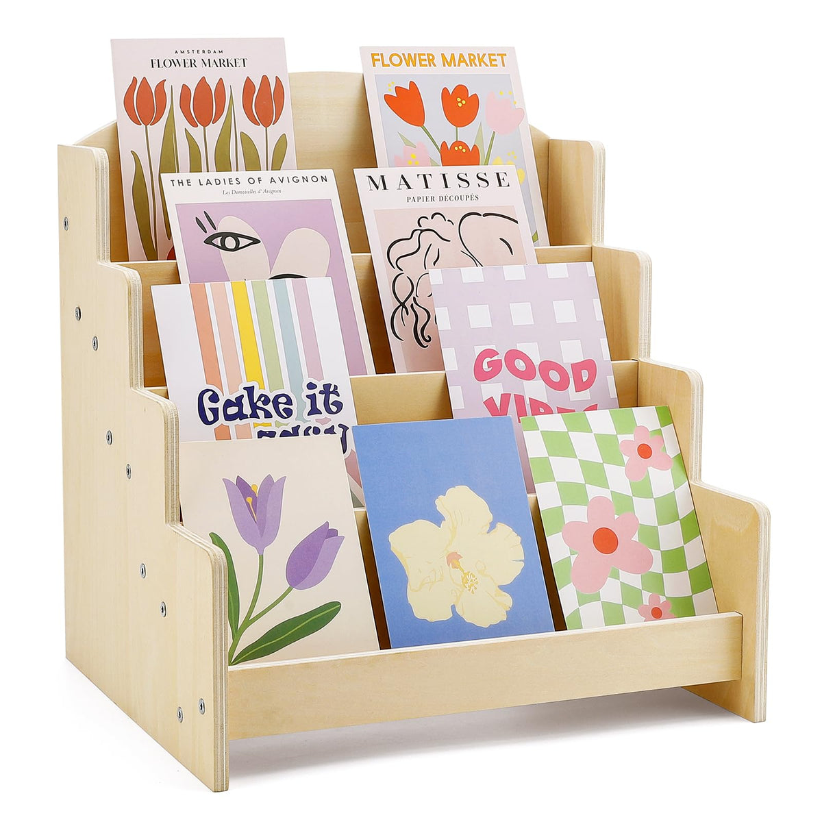 Exood Greeting Card Organizer Display Stand , 4-Tier Wooden Rack Holder for postcard Brochure Photos Sticker Retail