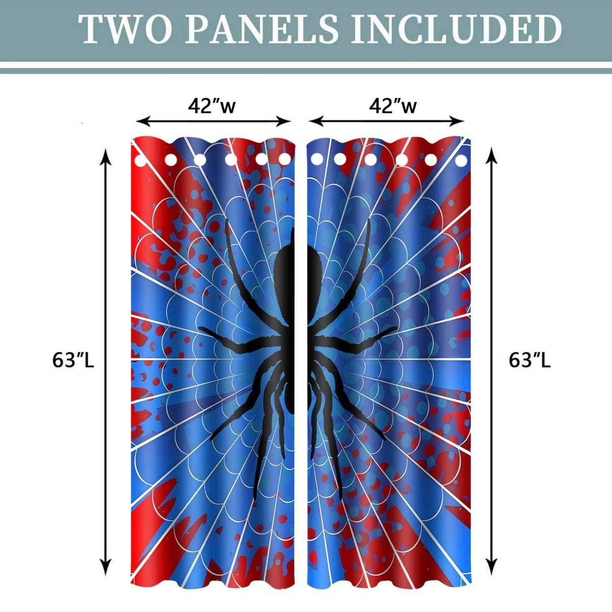 OSUNBD Spider Web Curtains - Blue & Red Superhero Design - Blackout Thermal Insulated Drapes for Kids Room, Bedroom, Living Room - 42 x 63 Inches, 2 Panels
