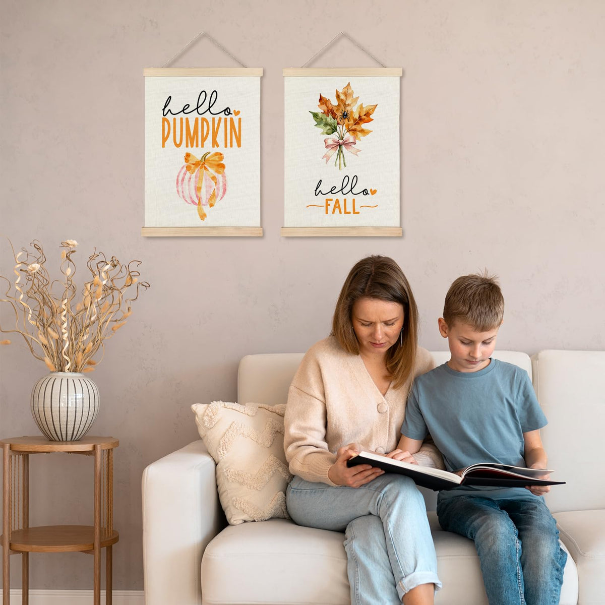 JINYO Hello Fall Pumpkin Maple Leaf Wall Art Poster, Preppy Fall Decor, Hello Pumpkin Autumn Canvas Prints Wall Decor for Home Living Room Kitchen Office, 12x16 Inches Set of 2