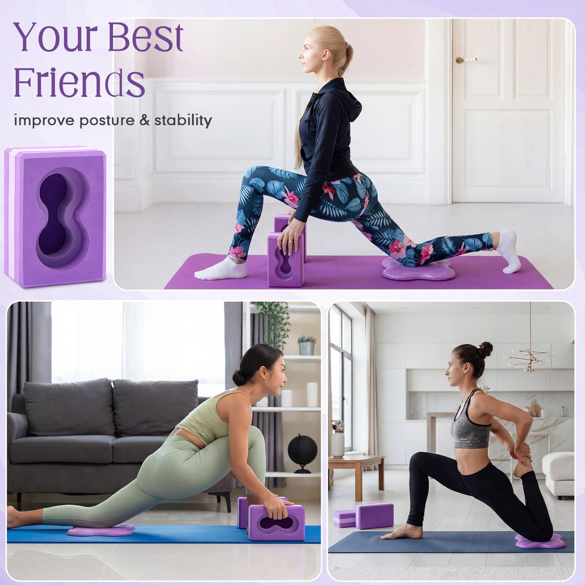 Yoga Blocks 2 Pack for Wrist Relief Yoga Blocks Wrist Support Set with Knee Pads and Strap Improve Comfort and Grip, Nonslip EVA Foam Pilates Exercise Balance Stretching Accessories Meditation(Purple)