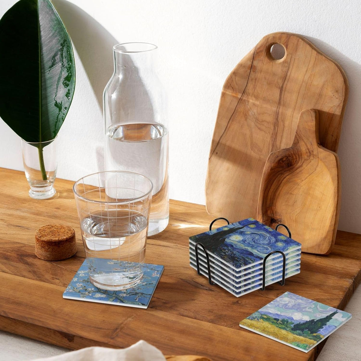 GERLNF Absorbent Ceramic Coasters for Drinks with Cork Base Art Coasters Set of 6 - Use 6 Famous Paintings, Unique Housewarming Gifts for Home Decorative (Square - Van Gogh - 1)