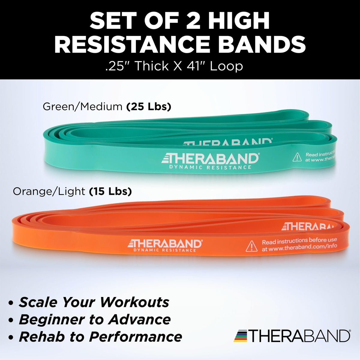 THERABAND High Resistance Band Set of 2, Light and Medium Elastic Super Bands for Full Body Workouts, Physical Therapy, Strength Training, Durable 41” Loop Exercise Bands, 15-25 lbs Resistance