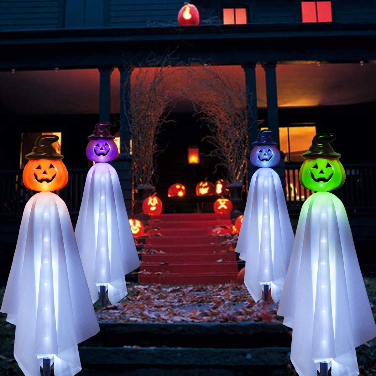 Homeleo Set of 4 Solar Pumpkin Ghost Lights for Halloween Decorations Outdoor, Light up Floating Scary Ghosts Pumpkins Witch Hat Stake Lights for Porch Yard Outside Pathway Halloween Party Decor