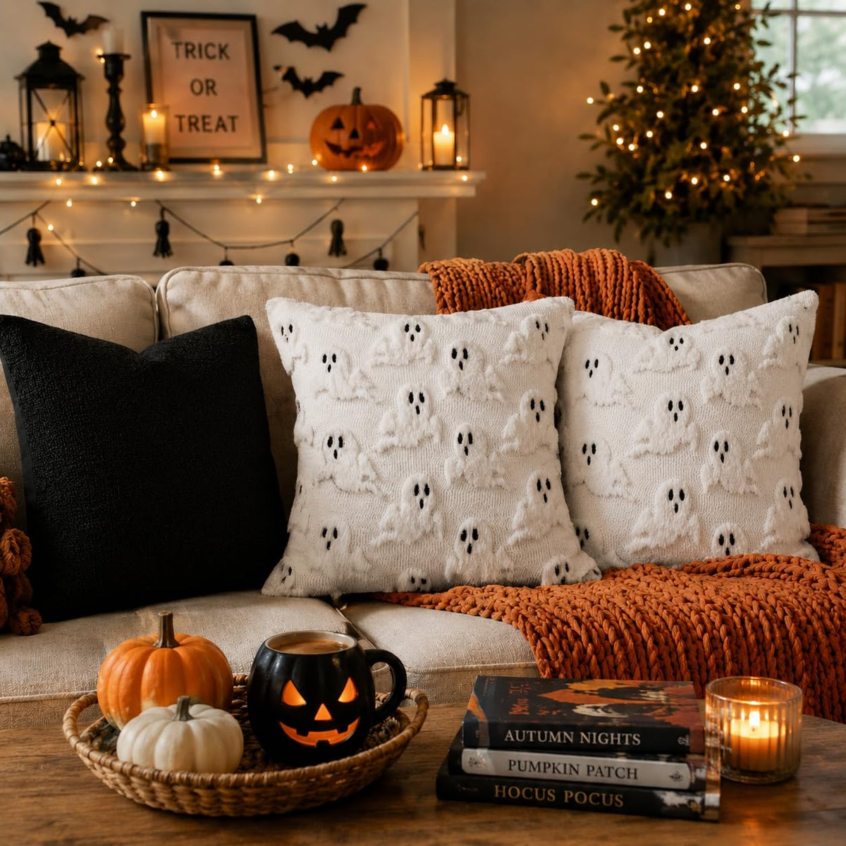 Brylla Halloween Pillow Covers 18 x18 Inch Set of 2 - White Floating Ghost Soft Plush Faux Fur Retro Throw Pillow Cases for Couch Sofa Living Room, Chair Halloween Indoor Decor