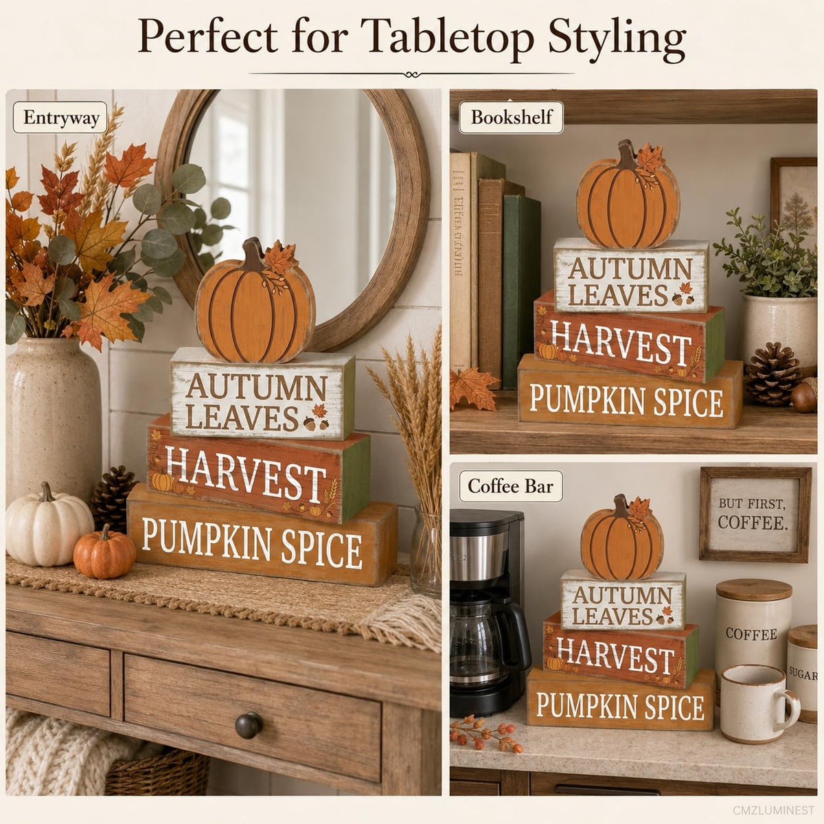 4 Pcs Fall Table Decor, Farmhouse Stacked Wooden Block Signs with Pumpkin Accents, Rustic Thanksgiving Tiered Tray Decorations, Autumn Harvest Tabletop Centerpiece for Home Kitchen Party