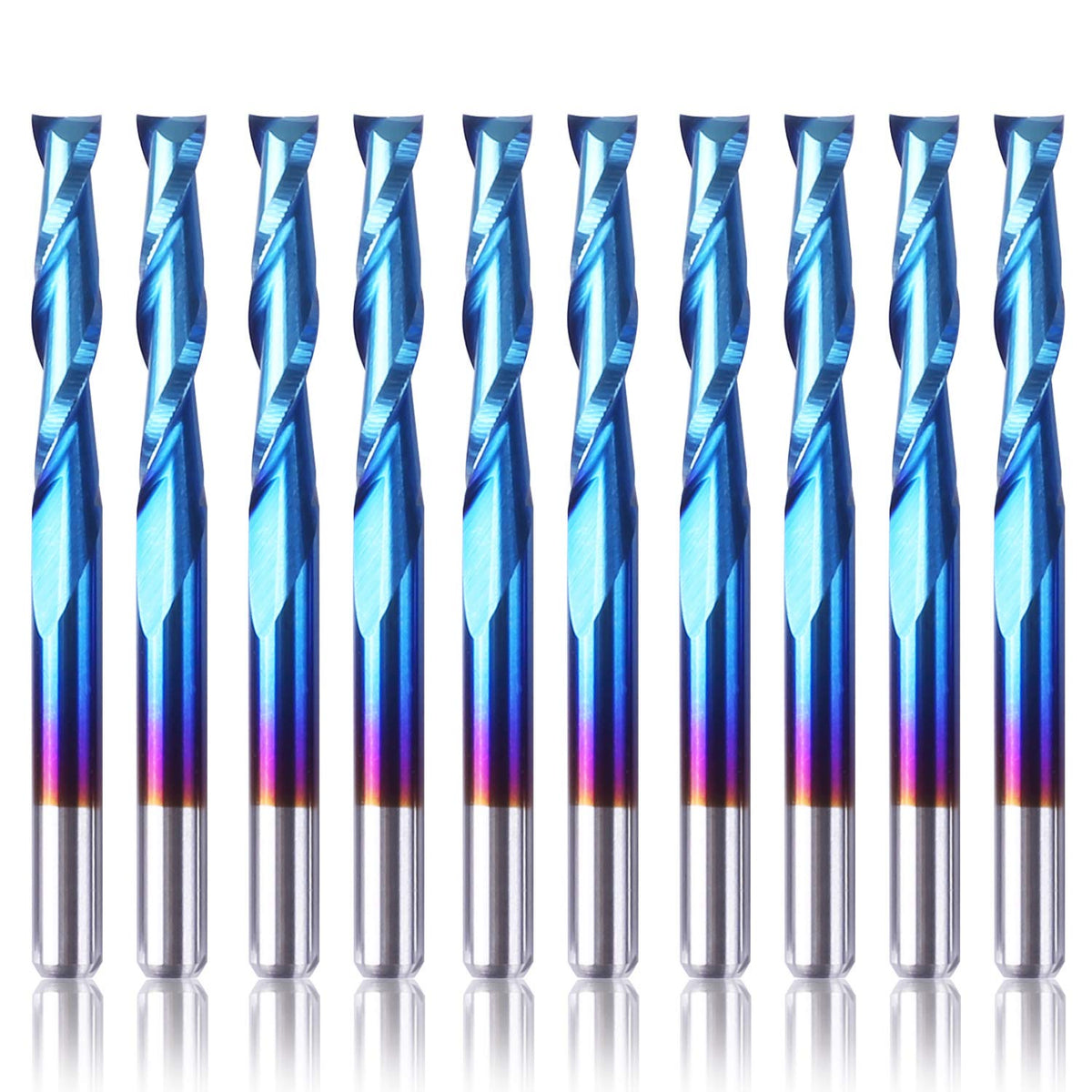 SainSmart Genmitsu 10Pcs Nano Blue Coat Flat Nose End Mill CNC Router Bits, 1/8" Shank Spiral Upcut 2 Flute End Mill Set (3.175 x 17 x 38mm)