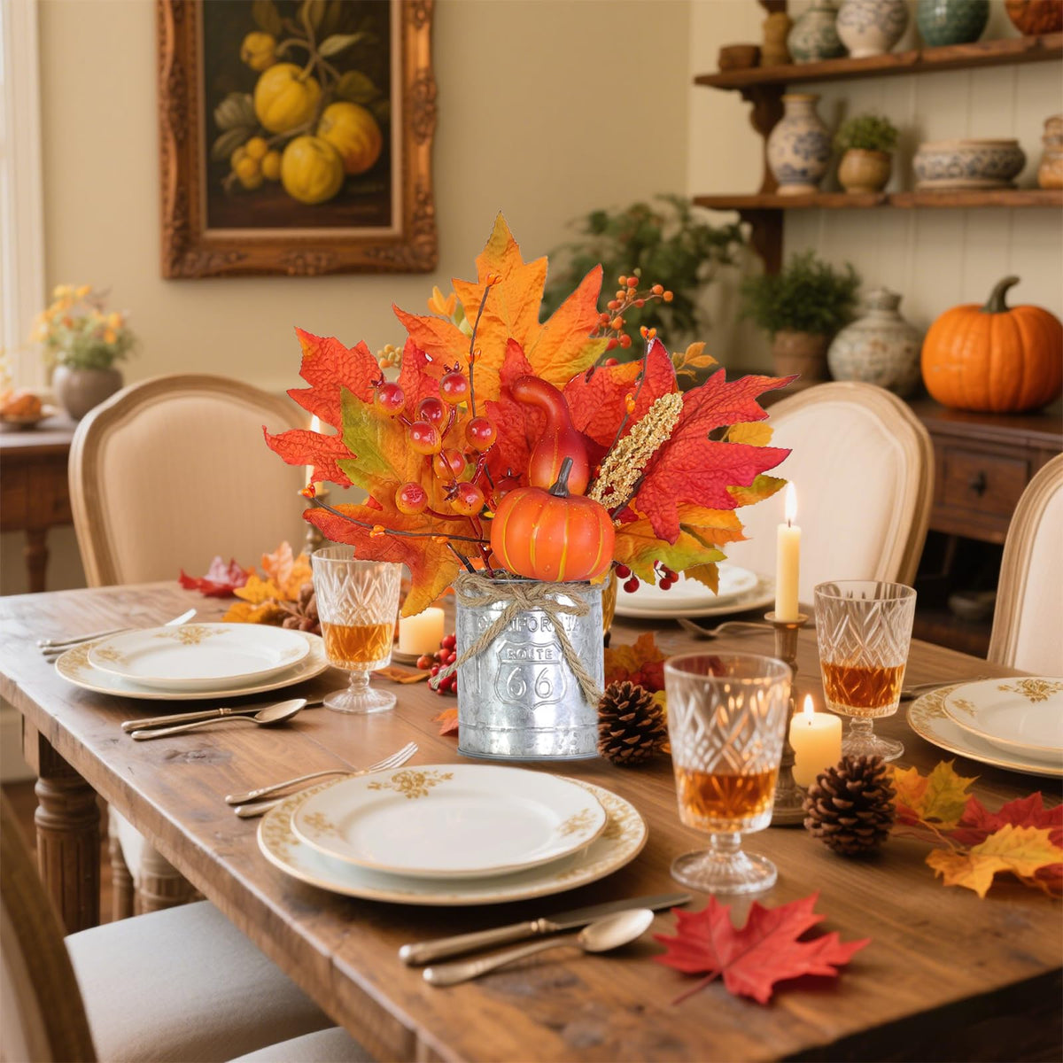 2 Pack 12" Fall Decorations for Home Fall Table Centerpieces Fall Arrangements Maples Leave Pumpkin Berried Wheat Realistic Moss in Metal Pots Thanksgiving Decorations for Home Kitchen Table Farmhouse