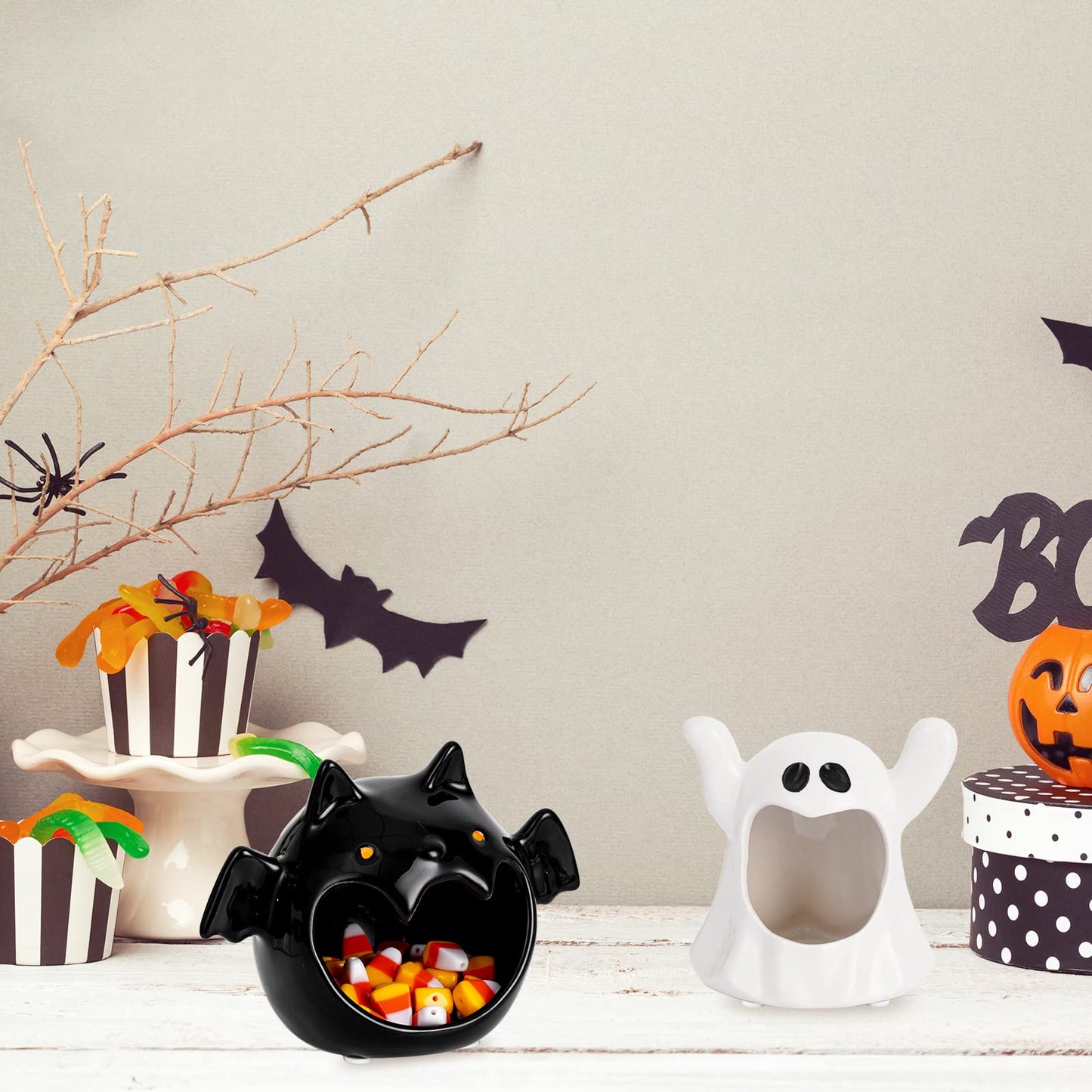 Whaline 2Pcs Halloween Candy Bowls MIni Halloween Candy Dish Candle Holder Trick or Treat Bat Ghost Ceramic Dish for Tiered Tray Ornament Tableware Holiday Party Decor Supplies Gift
