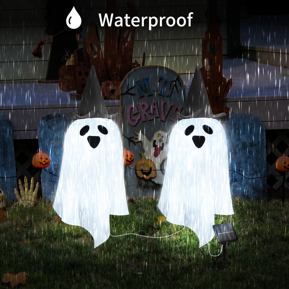 DAYLIGHTIR Solar Halloween Ghost LED Lights Outdoor, Set of 2 Big Ghost with Hat Stake Lights 2 Modes for Outdoor Halloween Pathway Yard Garden Decoration (Cool White-Ghost, 2 Pack)