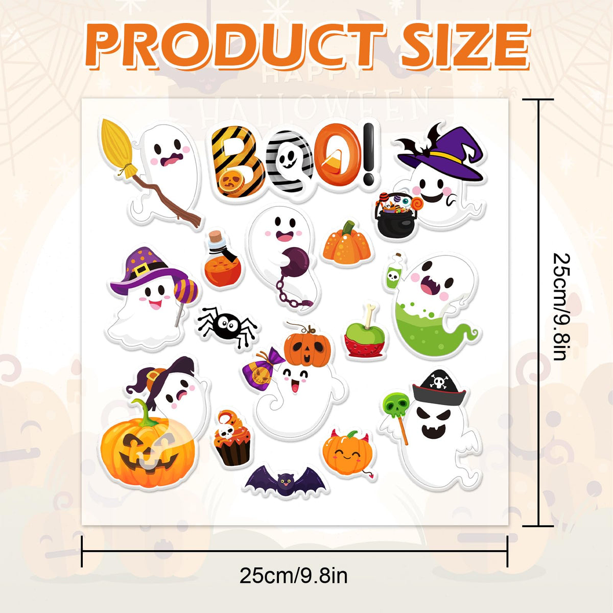 Whaline 32Pcs Halloween Thick Gel Window Clings Cute Ghost Pumpkin Boo Gel Decals for Holiday Home Classroom Nursery Glass Decor, 2 Sheets