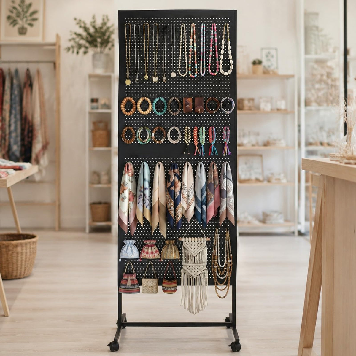 Arbuxzuy 2 x 5.5 Feet Pegboard Display Stand with 10 Hooks, Peg Board Stand with Wheels, Standing Pegboard Display, Metal Freestanding Pegboard Craft Shows Vendors Retail Jewelry Organizer (Black)