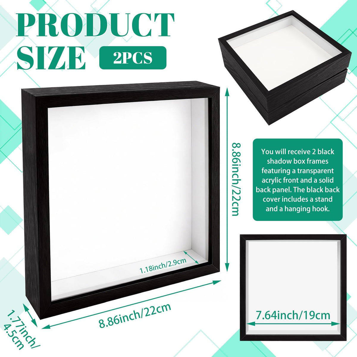 VOKOY 2 Pack 8" x 8" Shadow Box Frame, Wooden Black Hollow Photo Frame with Clear Acrylic Front Memory Display Cases Picture Frames Bulk for Photos Awards Medals Dried Flowers Seashell Memorabilia