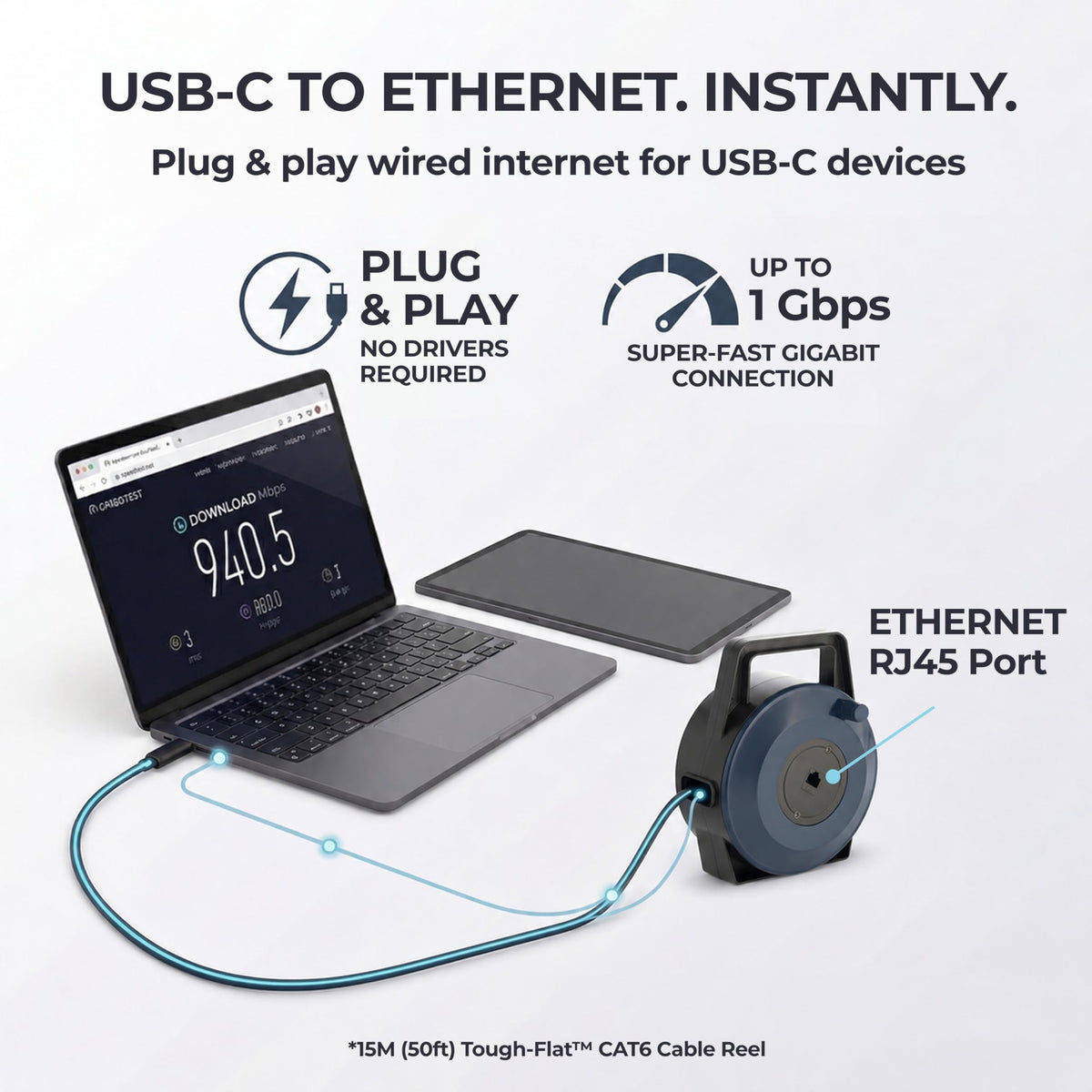 EXTNGO USB-C (Type-C) to Ethernet Cable Reel, 50Ft (15M) CAT6 Tough-Flat™, Up to 1 Gbps, Plug & Play, Truck-Pass Safe, Retractable Cable for Temporary Setups