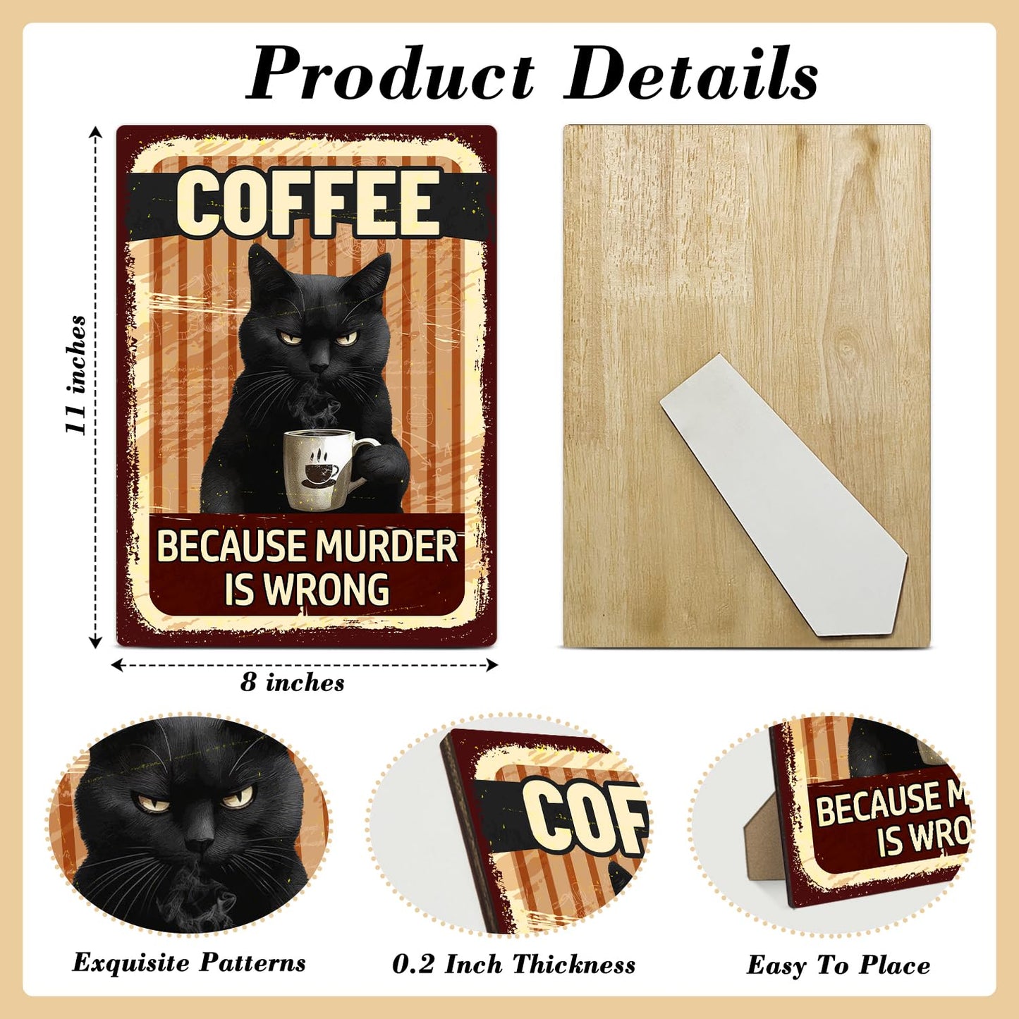 Funny Coffee Bar Sign - Because Murder is Wrong, Black Cat Wooden Desk Decor With Stand For Coffee Bar, Office Home Kitchen Tabletop Decor, 8 x 11 Inches -A040