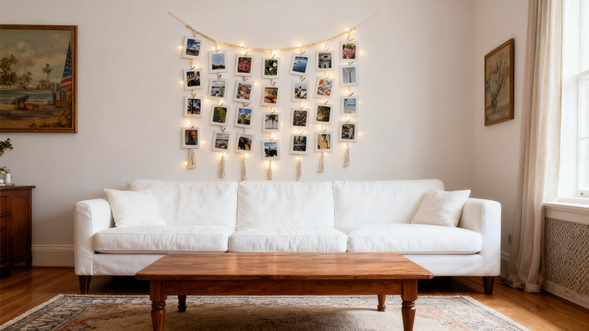 HOZII@FAB Macrame Hanging Photo Display Kit with 30 Cardstock Photo Frames & 5M Timer String Lights - Room Decor for Bedroom/Living Room/Dining Room - Ideal Gifts for Teen Girls & Craft Enthusiasts (Christmas/Birthday/Daily Surprise)