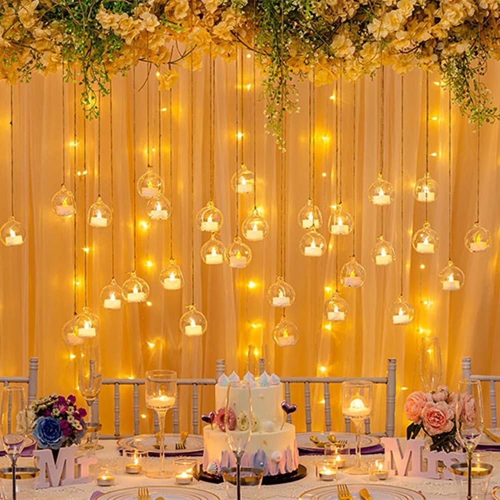 Sziqiqi Hanging Glass Globes Orbs Tea Light Candle Holders with Flameless LED Tealight for Wedding Ornaments, Wedding Birthday Christmas Party Centerpiece Accessory 2.36inch 10pcs +2 Extra
