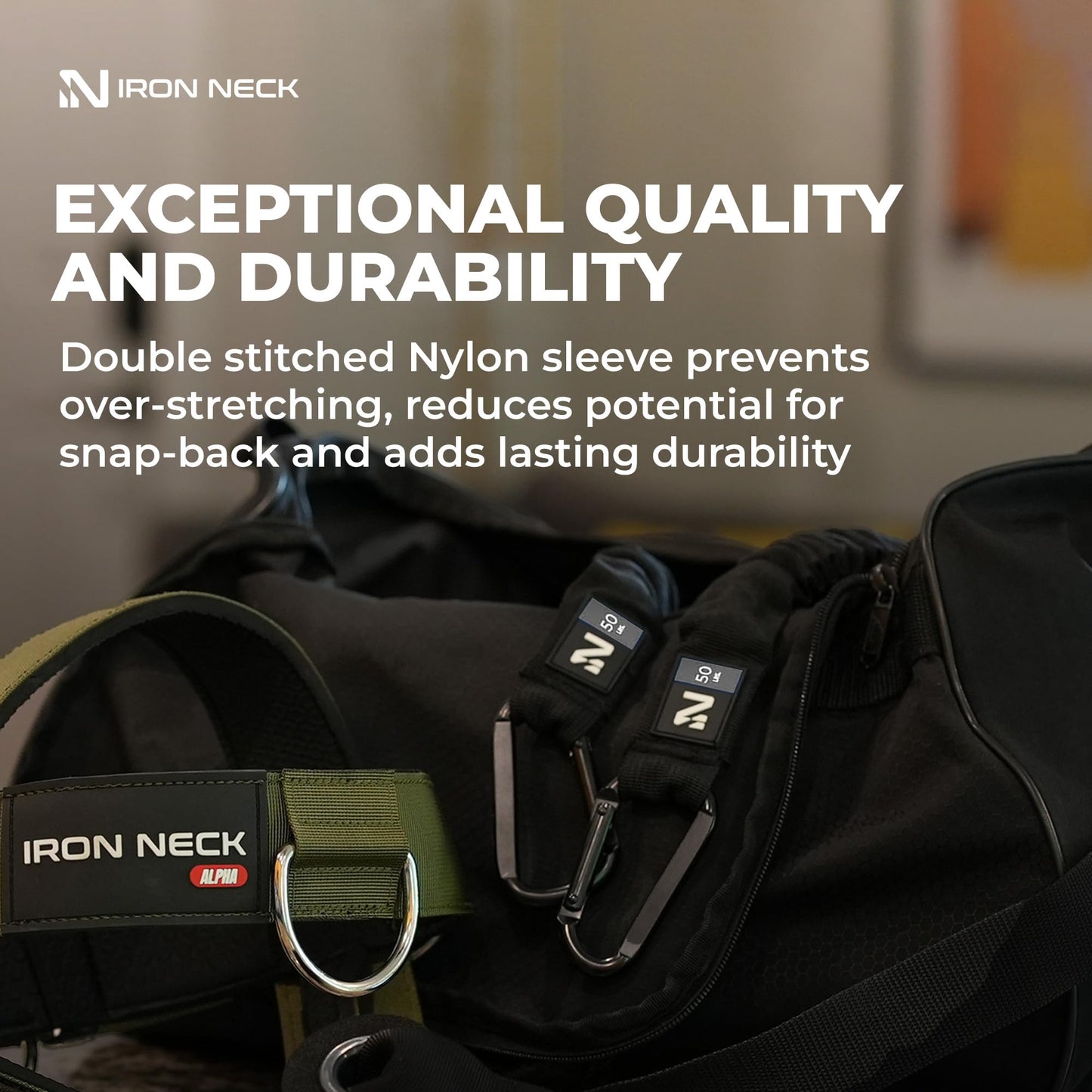 Iron Neck Resistance Band - Durable Exercise Band with Steel Carabiners for Neck Trainer, Exerciser, & Strengthener - Training, Strength Workouts, Stretching, & Rehab - for Home & Gym Use - 50 lbs.