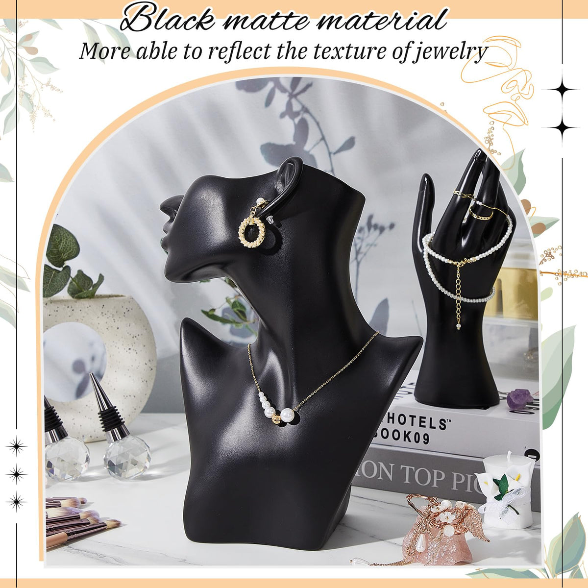 Kigley 3 Pcs Jewelry Mannequin Display Set Including Boutique Bust Holder Mannequin Earring Stand Hand Display Bracelet Ring Stand for Selling Show(Black)