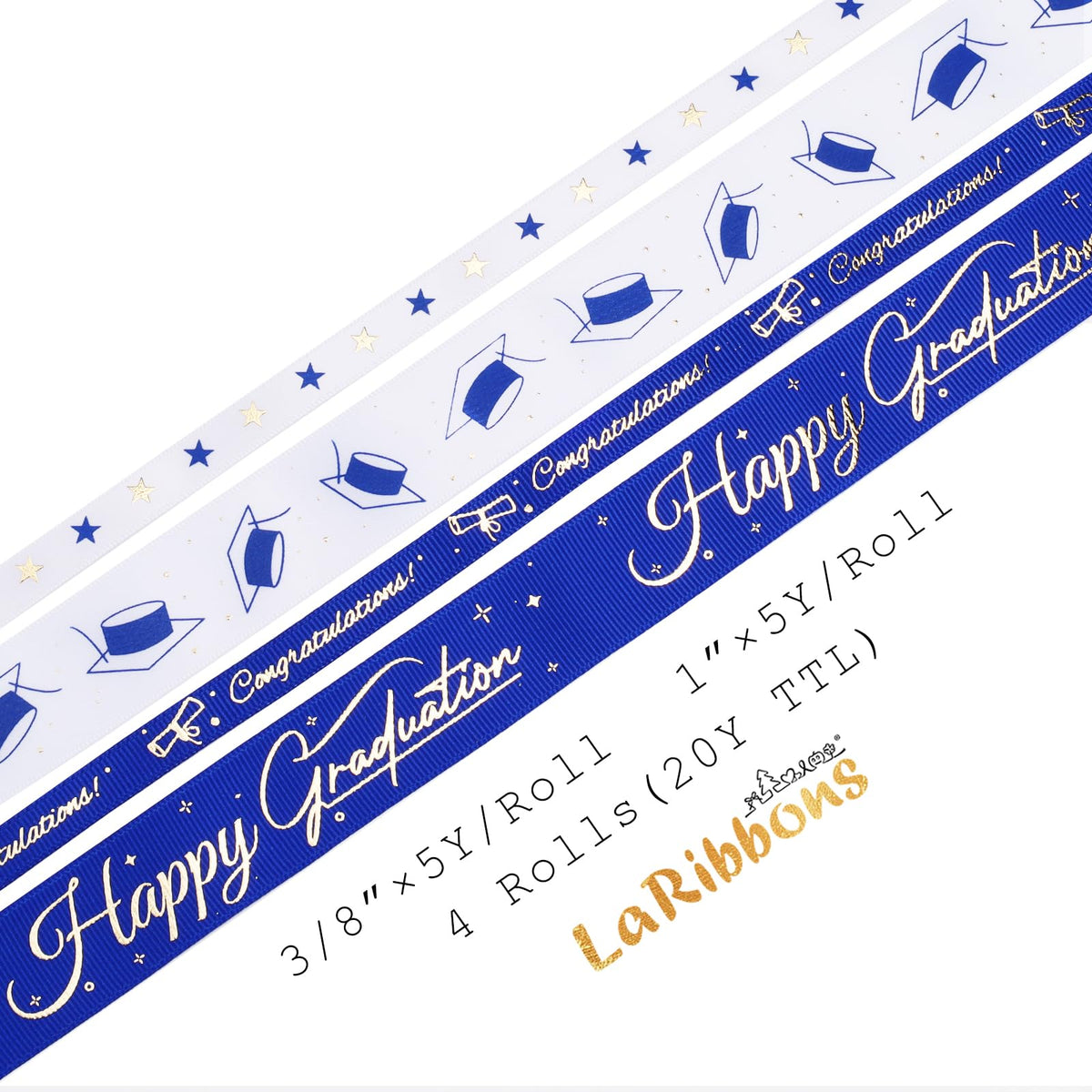 LaRibbons Graduation Ribbon 4 Rolls 1" and 3/8" 20 Yards TTL, Blue and White Gold Congrats Grad Satin Grosgrain Ribbon for Gift Wrapping Class of 2026 Grad Party Lei Making