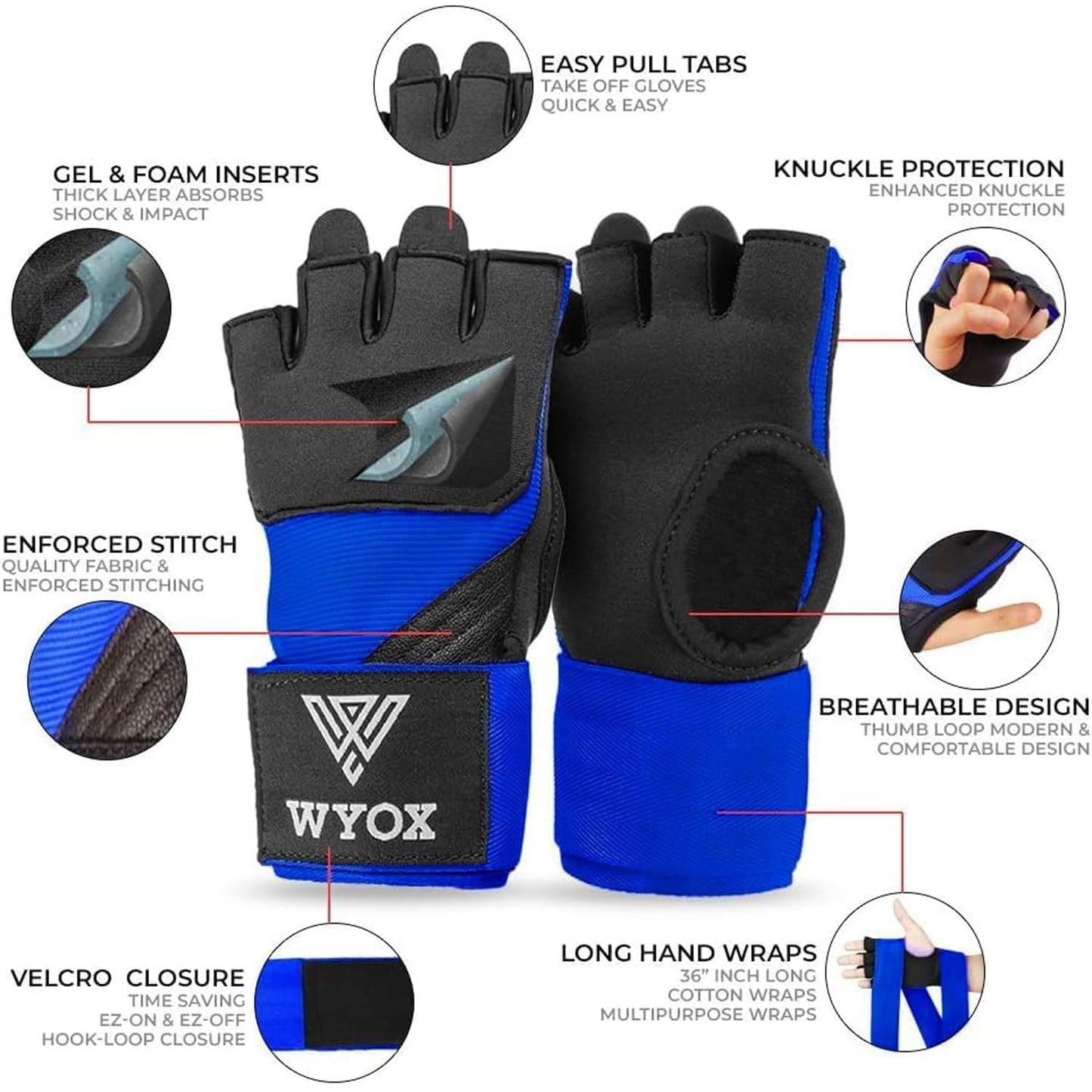 WYOX Gel Boxing Hand Wraps Inner Gloves for Men & Women, 80cm Quick Wrist Straps, Padded Knuckle Protection for Muay Thai Kickboxing, Hand Wraps for Boxing & Martial Arts (Blue, L/XL)