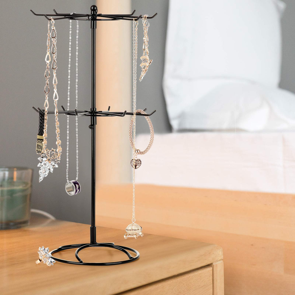 2 Tier Jewelry Display Holder,Retail Spinner Display Stand,Rotating Bracelet Storage Rack,Dressing Table,Black