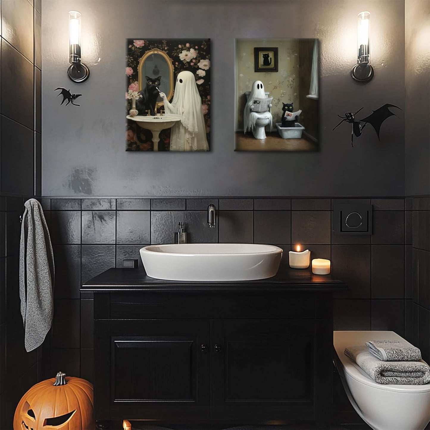 Halloween Ghost Bathroom Canvas Wall Art Set of 3, Funny Horror Ghost and Cute Black Cat in Bathtub Pictures Wall Decor, Gothic Dark Academia Paintings Prints for Toilet Dorm 16x24 inch Framed