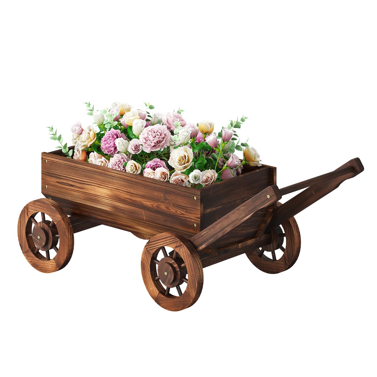 PULIJIAJU Wooden Wagon Garden Planter Cart with Wheels Rustic Flower Pot – Indoor Outdoor Patio Backyard Balcony Decor for Flowers and Plants（Large
