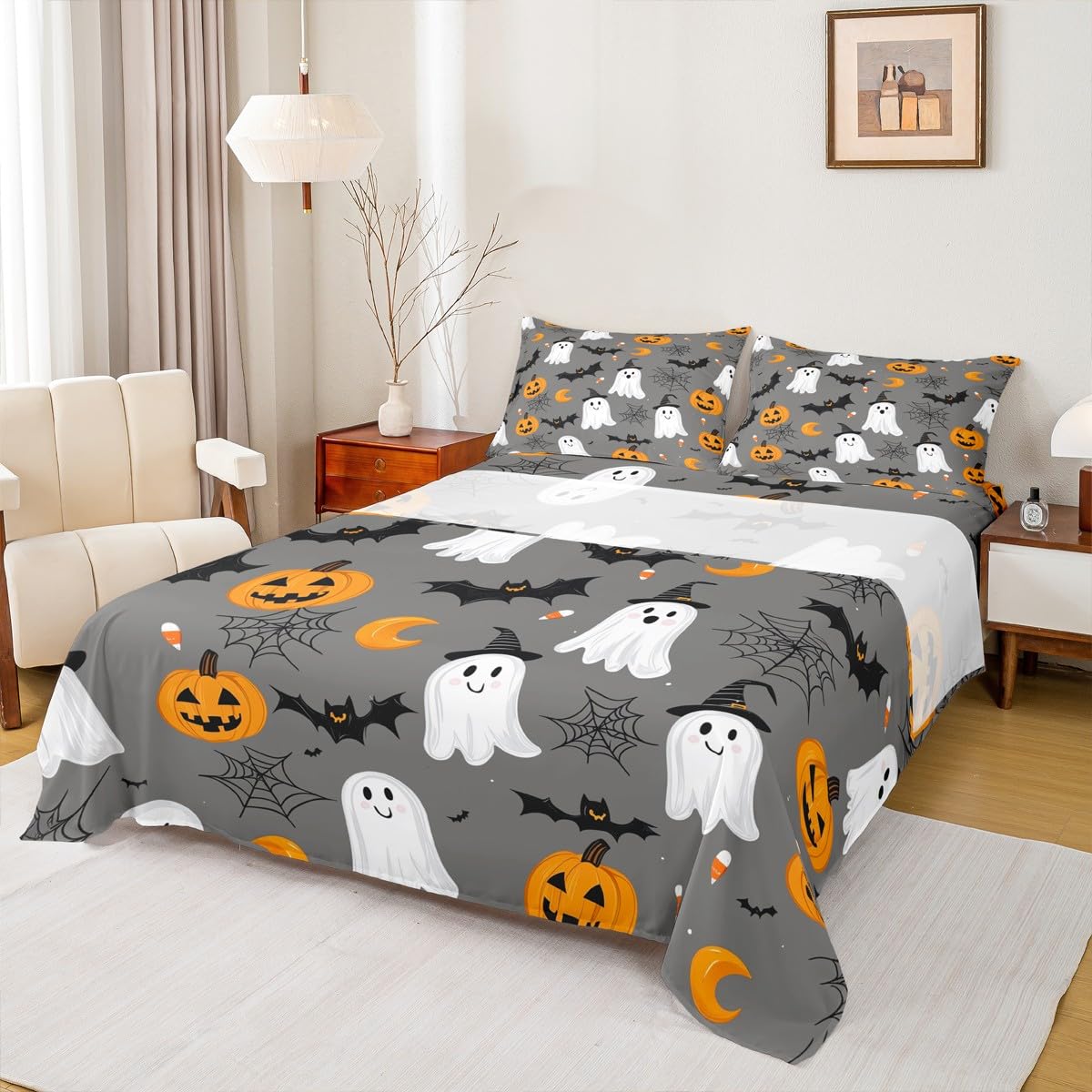 Feelyou Happy Halloween Bed Sheets Set Queen Size Cute Ghost Bedding for Kids Teens Pumpkin Lantern Bat Spider Cobweb Spooky Sheet with 16 Inch Deep Pockets Room Decor with 2 Pillow Case Soft 4Pcs