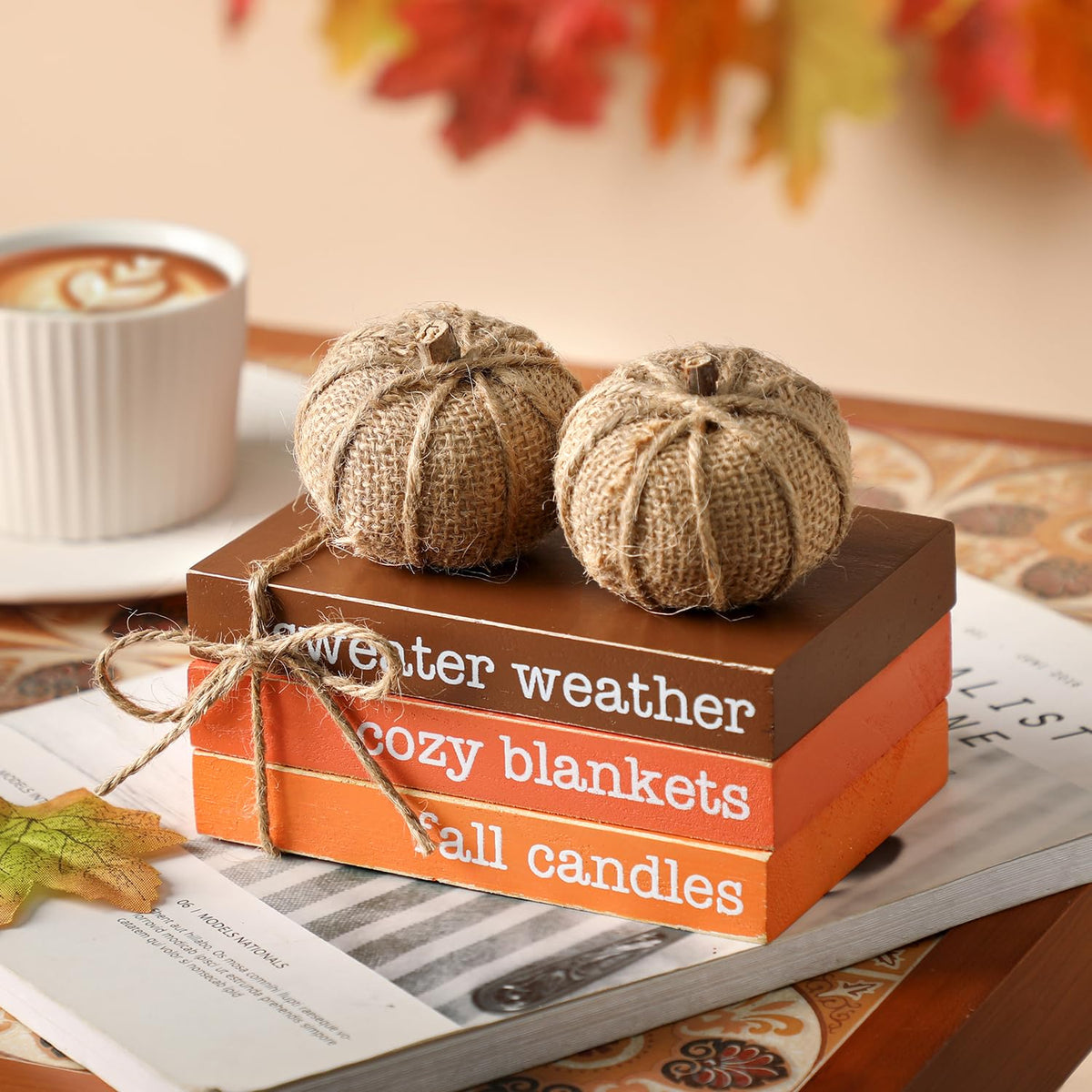 KORMMCO Thanksgiving Decor, Fall Tiered Tray Decor, Wood Book Stack with Maple Leaves & Pumpkins, Farmhouse Mini Decorative Books Bundle, Fall Decor for Table