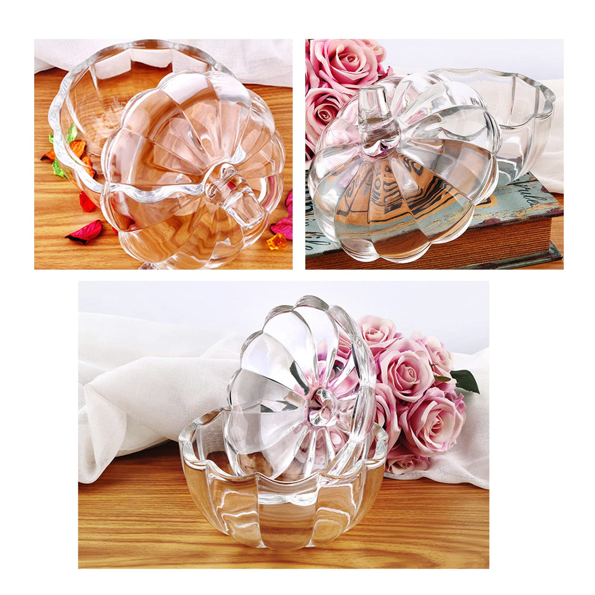 LIDSCURA Glass Pumpkin Jar with Cover, Halloween Pumpkin Candy Bowl with Lid, Transparent Pumpkin Cookie Bucket, Decorative Sugar Storage Container for Home Decor Party Wedding Decorating