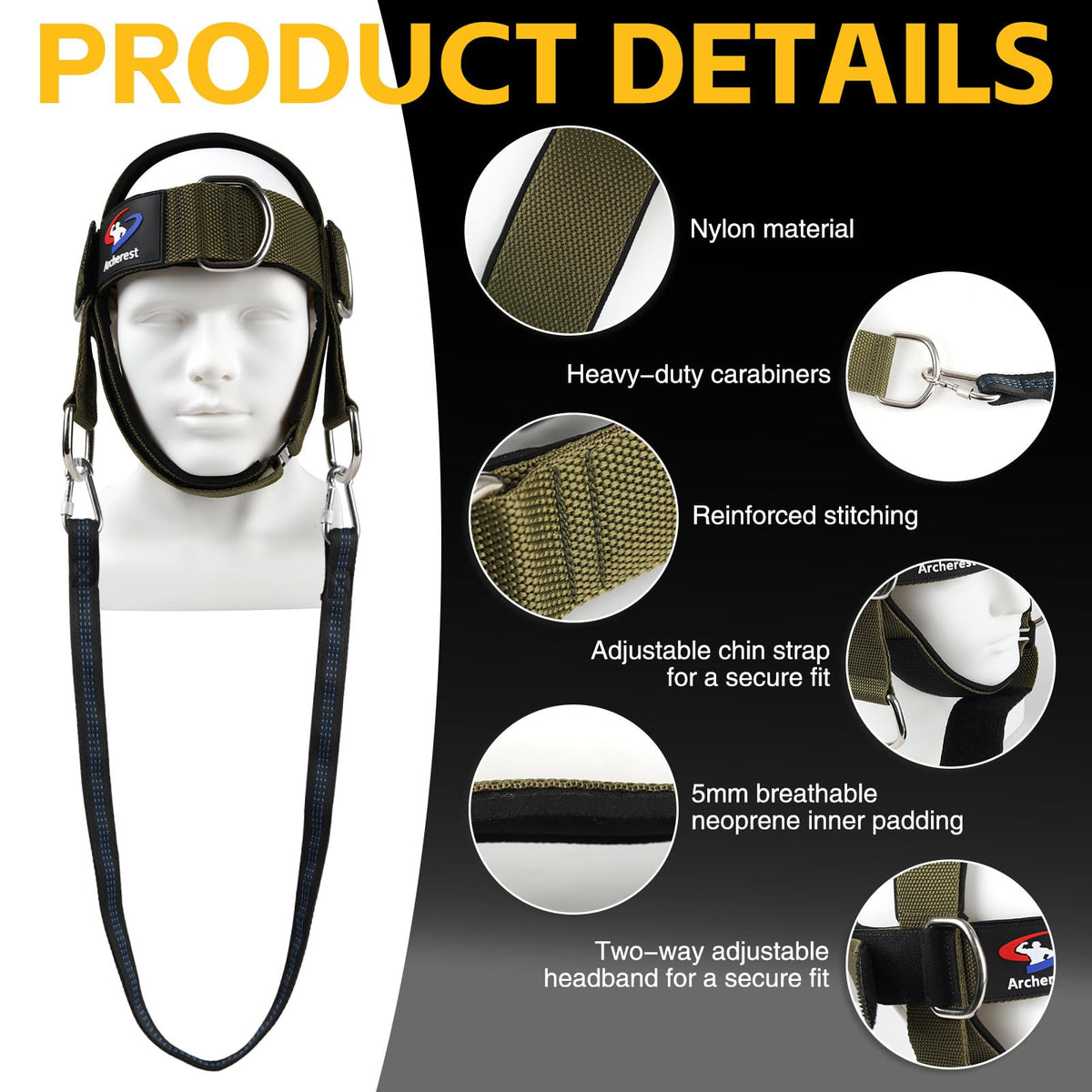 Fitness Neck Head Harness Trainer, Adjustable Chin Strap and Head Harness Strength with Nylon Tether, Neoprene Neck Exerciser for Weight Lifting, Home and Gym Use, Green