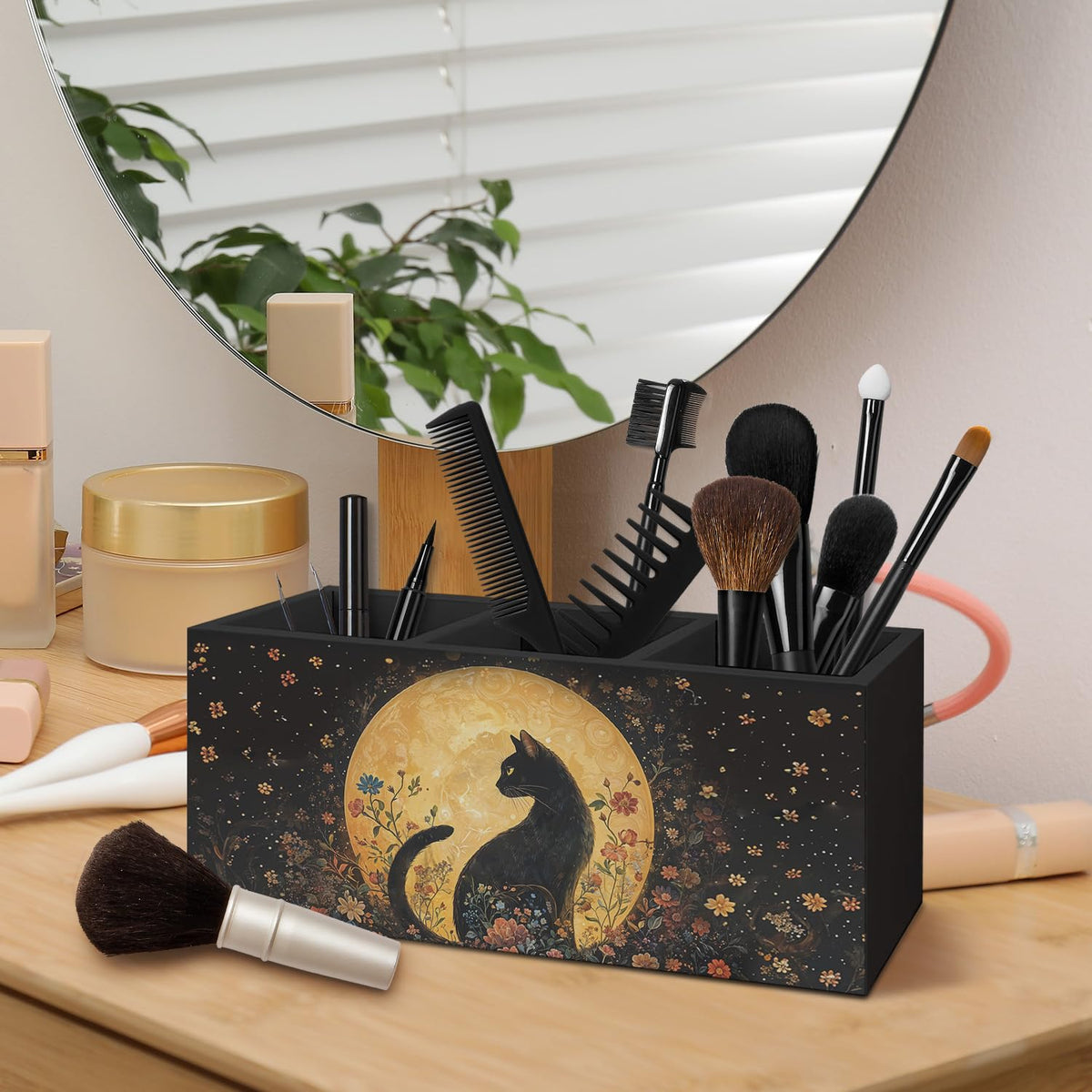 AQYIP Witchy Black Cat Pen Holder for Home Office Desk, Cat Lover Gifts, Witchy Moonlight Floral Black Cats Makeup Brush Toothbrush Holder Organizer for Bathroom Desk Accessories