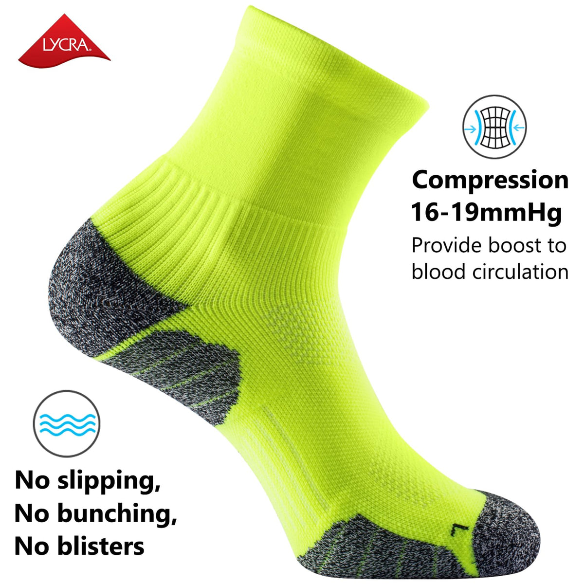 CWVLC Compression Athletic Unisex Quarter Socks Cushioned, 4-Pairs Lime-green, S