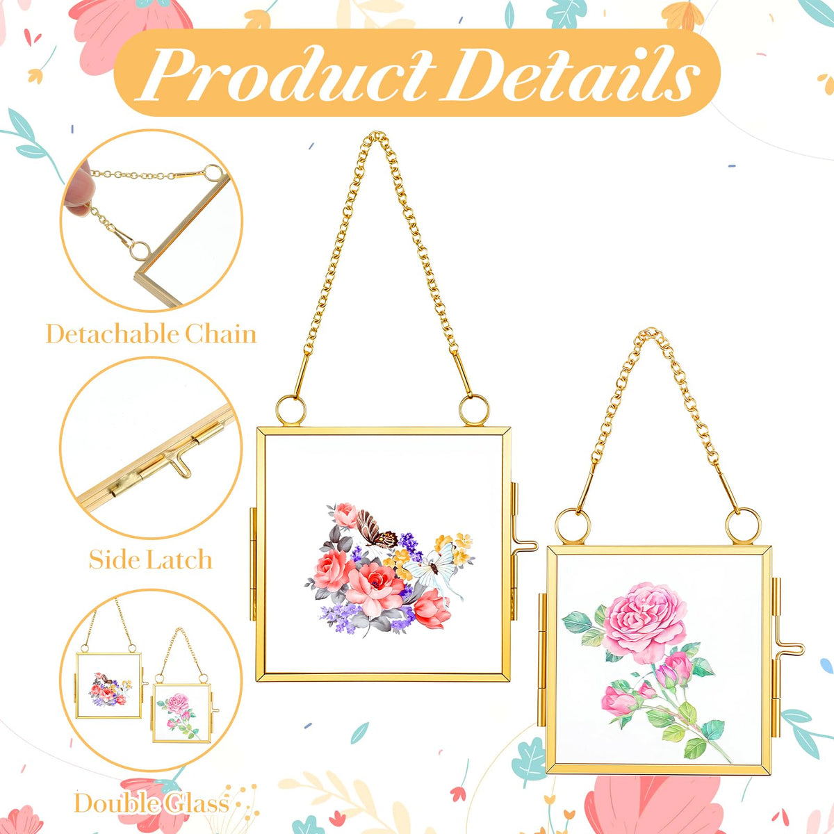 6 Pcs Mini Double Glass Pressed Flower Photo Frame Craft with Chain, 2.36" and 3.14" Small Square Glass Flower Frame for Christmas Handicraft Home Decor Gallery Artwork