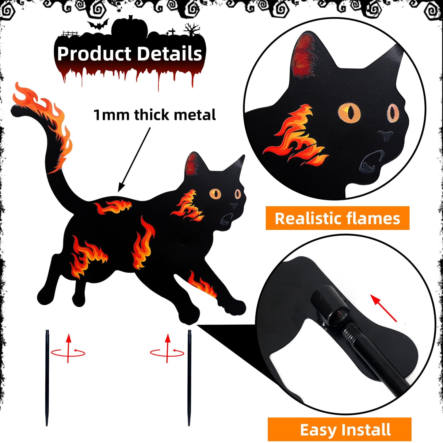 3 Pack Metal Black Cat Statues with Flame Design -Black Cat Decor Yard Signs with Stakes, Rustproof Halloween Yard Decor, Outdoor Garden Stakes for Haunted House, Lawn, and Everyday Decor (3)
